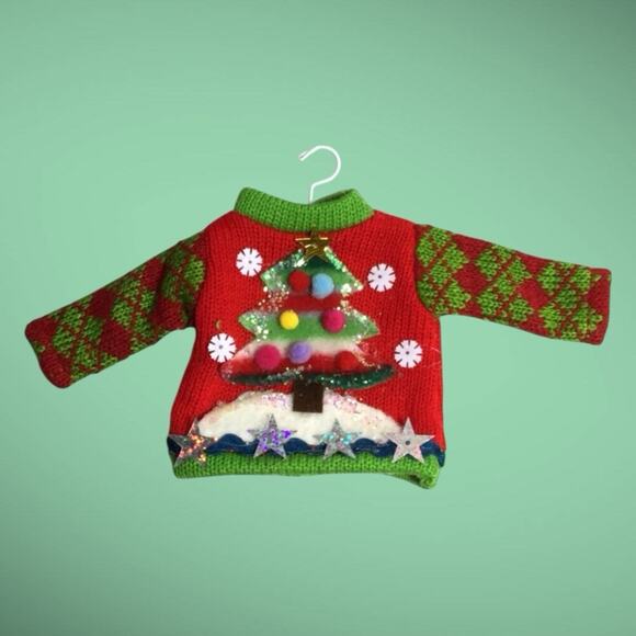 3 Mini Ugly Sweater Christmas Tree Ornaments - Santa Christmas Tree Wreath - Picture 3 of 5